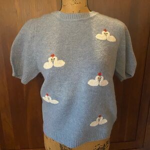 cupcakes and cashmere Sweater Blue Short Sleeve Valentine Love Swan Size Med NWT